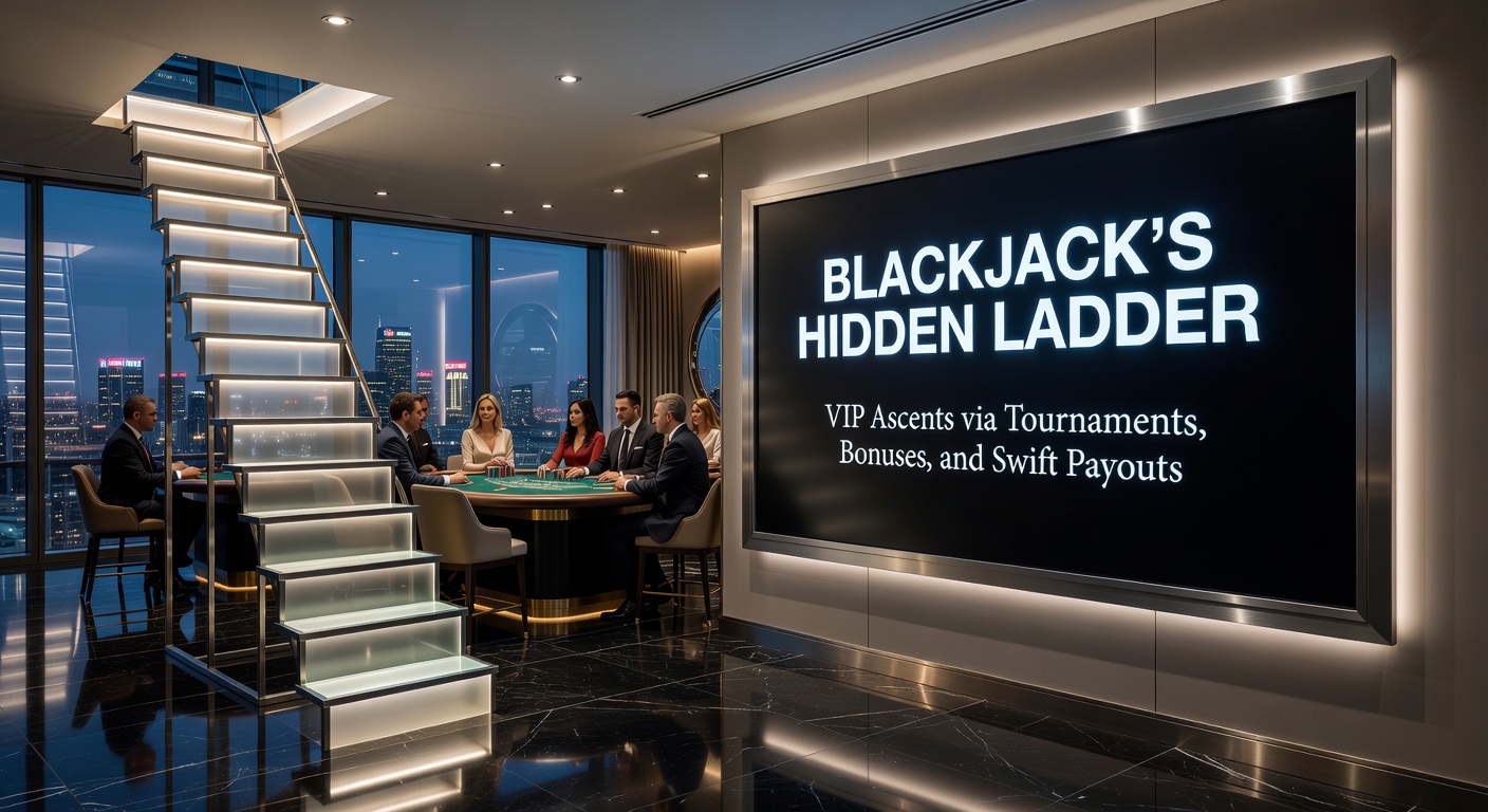 Nahaufnahme eines VIP-Blackjack-Spielers am Tisch mit Bonus-Symbolen und Auszahlungs-Icons, die eine steigende Leiter illustrieren